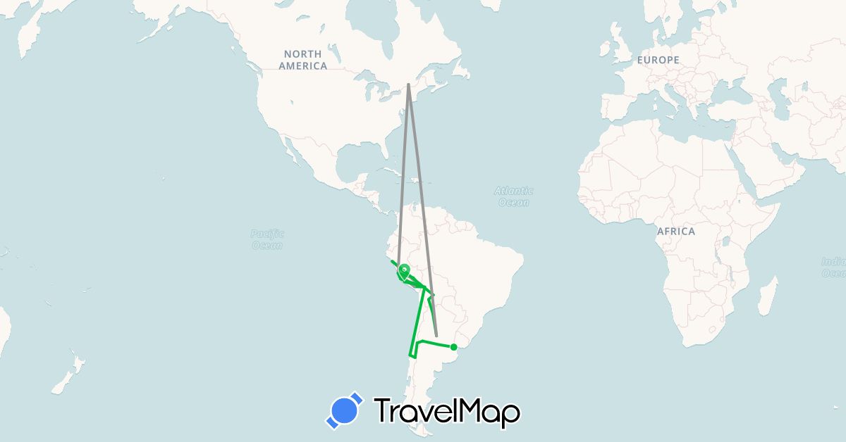 TravelMap itinerary: bus, plane in Argentina, Bolivia, Canada, Chile, Peru (North America, South America)
